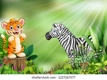 Cartoon of the nature scene with a baby tiger standing on tree stump and zebra