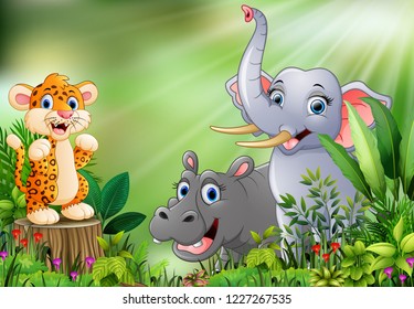 Cartoon of the nature scene with different animals