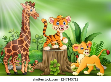 Cartoon of the nature scene with different animals