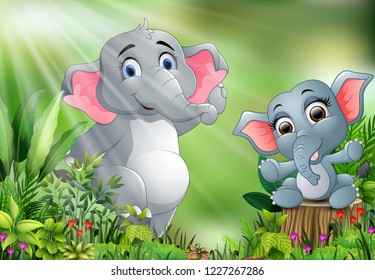 Cartoon of the nature scene with elephant playing together