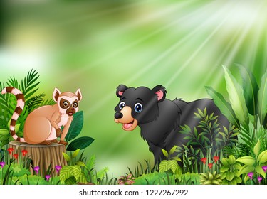Cartoon of the nature scene with a lemur sitting on tree stump and black bear
