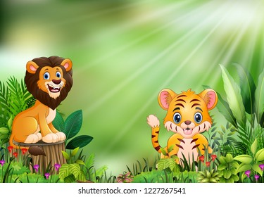 Cartoon of the nature scene with a lion standing on tree stump and tiger