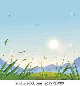 cartoon nature scenery with flowers and grass in the mountains