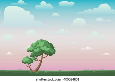 Cartoon nature seamless horizontal landscape with a tree and beautiful evening or morning sunset sky and clouds. Vector illustration.