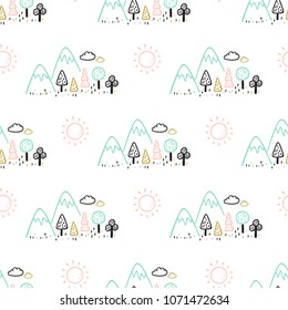 Cartoon Nature Seamless pattern in Scandinavian style for kids. Landscape Forest background with Hand Drawn Doodle Mountains, Trees and Suns
