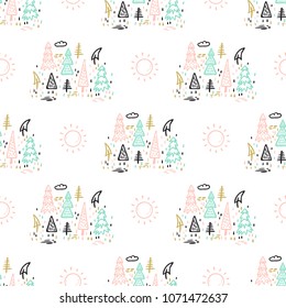Cartoon Nature Seamless pattern in Scandinavian style for kids. Landscape Forest background with Hand Drawn Doodle Trees and Suns