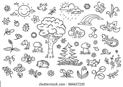 Cartoon nature set and trees  flowers  berries   small forest animals  black   white outline