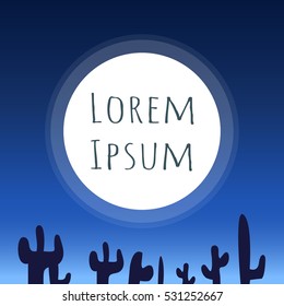 Cartoon nature sky desert landscape with cactuses. Vector game style illustration. Morning landscapes. Circle element for your web-design.  blue moon backgroung.