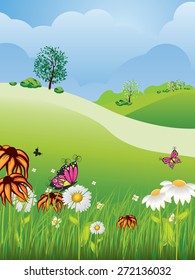 Cartoon nature summer or spring landscape, with fields, trees, grass and flowers.
