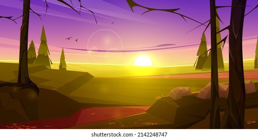 Cartoon Nature Sunset Landscape Green Field, Conifers Trees And Rocks Under Purple Sky. Scenery View, Game Background, Summer Or Spring Meadow Or Pasture With Plants And Stones, Vector Illustration