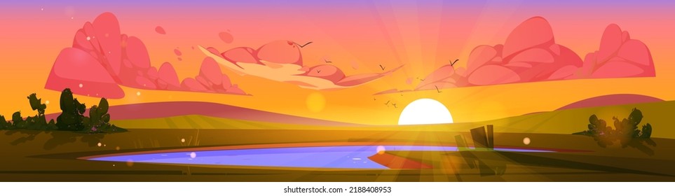 Cartoon nature sunset landscape. Pond at green field with bushes at morning sunrise or early evening. Scenery background with lake and pink sky, natural scene, Vector illustration