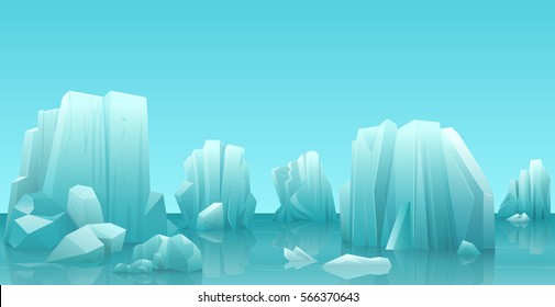 Caricatura naturaleza paisaje de hielo ártico de invierno con iceberg, montañas de nieve rocas colinas. Ilustración de estilo de juego de vectores