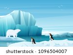 Cartoon nature winter arctic landscape with ice mountains. White Bear and penguins. Vector game style illustration.