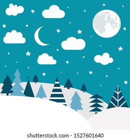 Cartoon Natur Winterlandschaft Muster. Weihnachtspostkarte, Grußkarte.