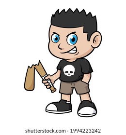 Cartoon Naughty Boy Holding a Broken Bat Illustration