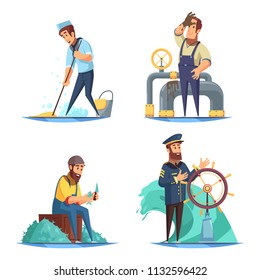 Cartoon nautical 2x2 design concept with captain and sailors isolated on white background vector illustration