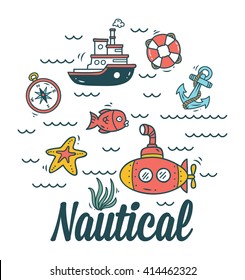 cartoon nautical, marine icon set