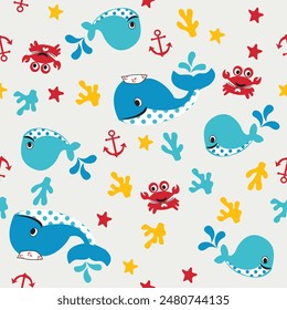 cartoon nautical ocean elements all over repeated seamless pattern for babies kids toddler clothing apparel vector illustration artwork
