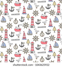 Cartoon nautical seamless background. Vector illustration.
