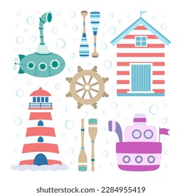 cartoon nautical set of ships, lighthouse, oars, beach house and helm isolated on white background, vector illustration in flat style, cute collection for kids
