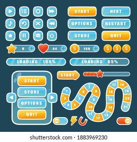 Cartoon navigation app menu elements, glossy buttons to play video game, progress bar, arrow and window gui design in different color. Buttons for mobile user game ui interface
