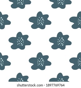 Dibujo azul marino, siluetas de flores simples patrón sin fisuras. Fondo blanco. Huella de primavera. Ilustración bursátil. Diseño vectorial para textiles, tela, giftwrap, papel pintado.