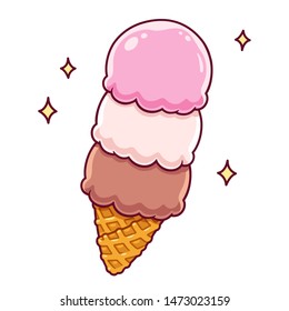 Cartoon Neapolitan ice cream drawing. Vanilla, strawberry and chocolate scoops in waffle cone. Cute, shiny frozen dessert vector illustration.