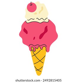 Cartoon Neapolitan ice cream drawing. Vanilla, strawberry scoops in waffle cone. Cute, shiny frozen dessert vector illustration.