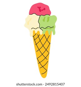 Dibujo de helado napolitano de dibujos animados. Cucharas de vainilla, fresa y pistacho en cono de gofre. Ilustración vectorial de postre congelada, linda y brillante.