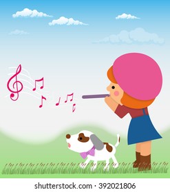 Cartoon near little girl is playing on the flute from it flying notes, Jack Russell. Material design