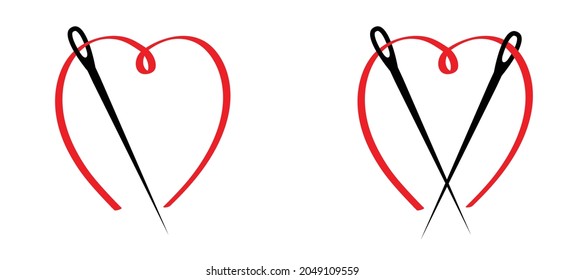 Cartoon needle with love thread. Needle pictogram. 