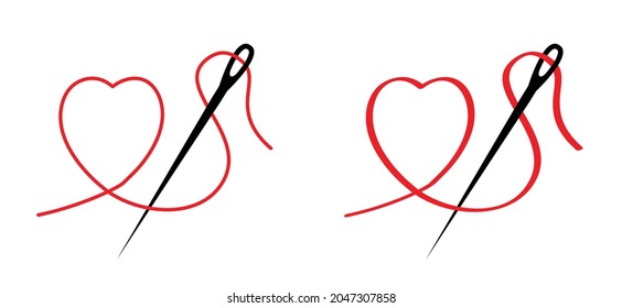 Cartoon needle with thread and slaogan love. Needle pictogram. Flat black wire vector icon. For sewing clothes. Needle eye symbol. Needlework silhouette line pattern logo.