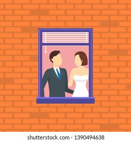 Cartoon Neighbor Character into the Window Concept Flat Design Style. Vector illustration of Couple