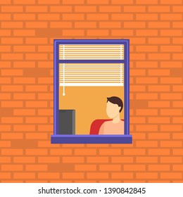 Cartoon Neighbor Character into the Window Concept Flat Design Style. Vector illustration of Man and Computer