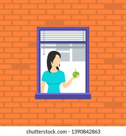 Cartoon Neighbor Character into the Window Concept Flat Design Style. Vector illustration of Woman with Apple