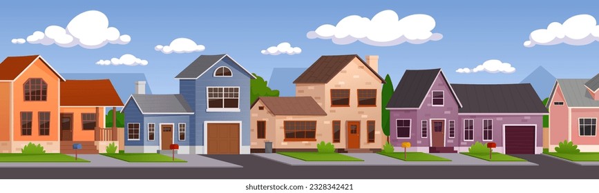 Cartoon neighborhood street. Cottage houses in suburbs, American style cluster of residential properties. Real estates town vector illustration. Countryside building exterior with garage and lawn