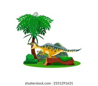 Caráter dinossauro pré-histórico do neovenator do desenho animado. Engraçado jurássico dino animal vetor personage, bonito rugido carnívoro terópode, floresta pré-histórico floresta palmeira e plantas, dinossauro neovenador