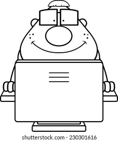 A cartoon nerd in front of a computer.