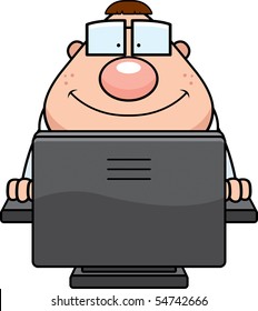 A cartoon nerd in front of a computer.