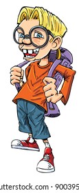 Cartoon nerd with glasses and book sack. Isolated