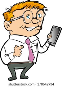 Cartoon nerd with hand held computer. Isolated