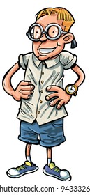 Cartoon nerd with hands on his hips. Isolated on white