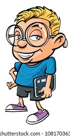 Cartoon nerd holding a tablet computer