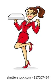 Cartoon nerd pizza girl was carrying a box of pizza while lifting excited legs and winked with a smile and cheer