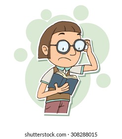 Cartoon nerdy looking boy with book.