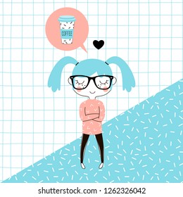 cartoon nerdy planner girl thinking of coffee on memphis background, kawaii style character, pastel colours flat vector graphic