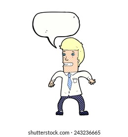 cartoon nervous businessman with speech bubble