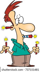 cartoon nervous man holding fireworks in his hands, mouth and ear