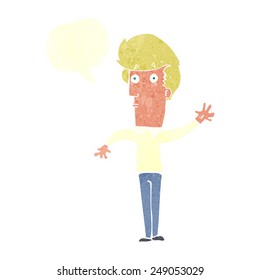 cartoon nervous man waving with speech bubble