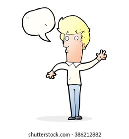 cartoon nervous man waving with speech bubble